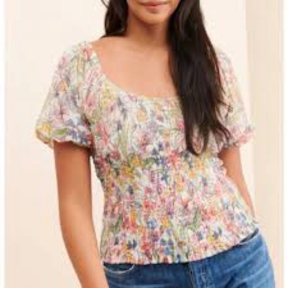 Anthropologie Aurelia Floral Smocked Short Sleeve Top White Pink Floral Multi S